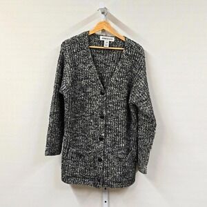 Jones & Co Womens Black White Marled Wool Blend Chunky Knit Cardigan‎ Sweater S